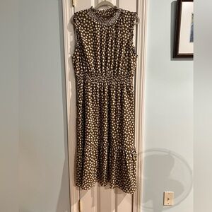 Gorgeous sleeveless taupe and cream polka dot dress by J Crew.